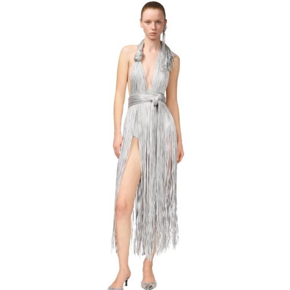 NWT AREA Metallic Fringe Halter Midi Dress XS